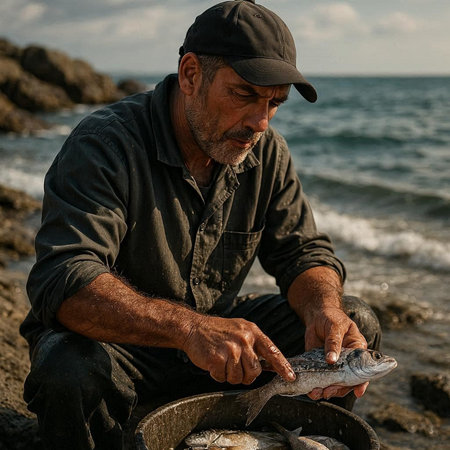 Fisherman holding a freshly caught fish on the seashore