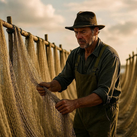 Portrait of a senior farmer with a fishing net at sunset.の写真素材