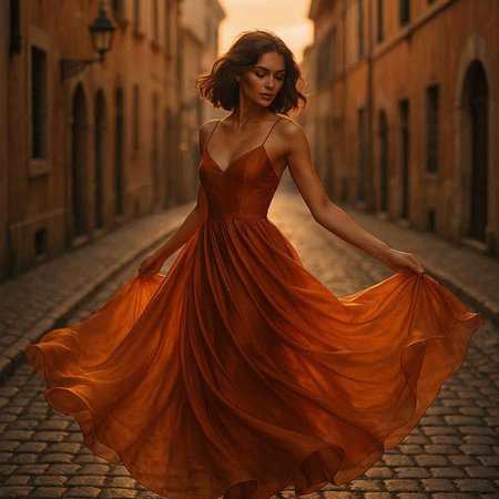 Fashion portrait of a beautiful young woman in a long orange dress.の写真素材