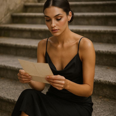 Young beautiful brunette woman in black dress sitting on stairs and reading a book