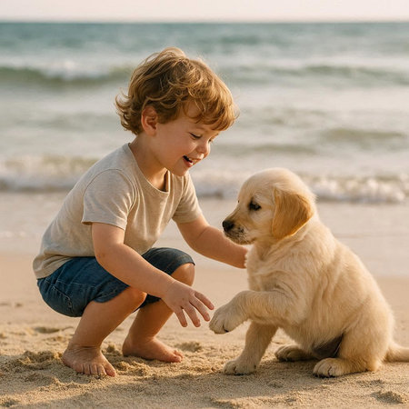Little boy playing with golden retriever puppy on the beach in summer