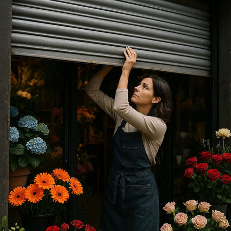 Beautiful young florist woman in apron working in flower shop.