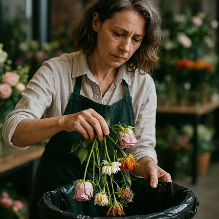 Female florist working in a flower shop. Female florist making a bouquet of flowers.