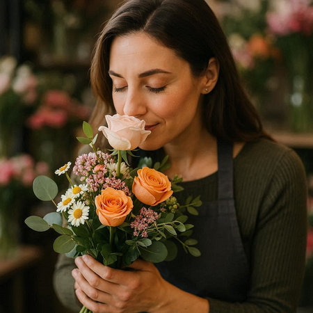 Beautiful young woman florist with a bouquet of flowers