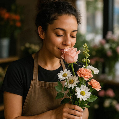 Beautiful young woman florist making bouquet in flower shopの写真素材
