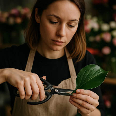 Florist cutting a green leaf with scissors in a flower shop.