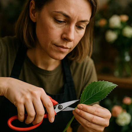 Female florist cutting green leaf with scissors in flower shop.