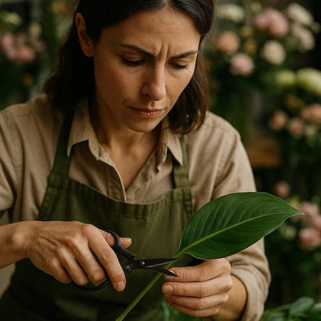 Female florist cutting a leaf with scissors in flower shop.