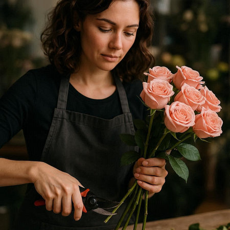 Female florist cutting roses with scissors in a flower shop.