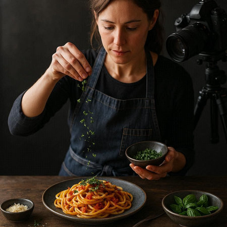 Female videographer holding a bowl of spaghetti with tomato sauce and parsleyの写真素材