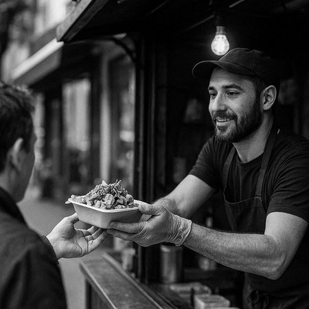 Street food seller serving street food to customer in black and white.