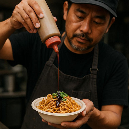 Fried noodle with spicy sauce in the hands of a manの写真素材