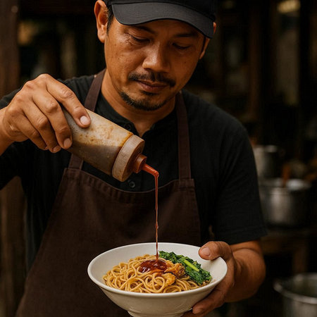 Asian man in apron holding bowl of noodles and pouring tomato sauce on it.