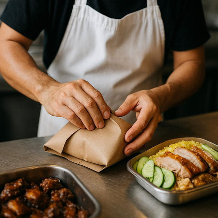 Close-up of a man in a white apron is preparing a lunch in a restaurant