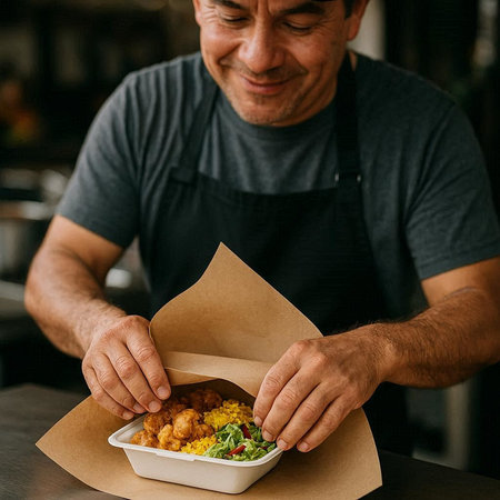 Close-up of a mature man in apron holding takeaway box with couscous and vegetables.