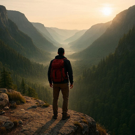 Hiker with backpack standing on the edge of a cliff and enjoying the view of the valley.