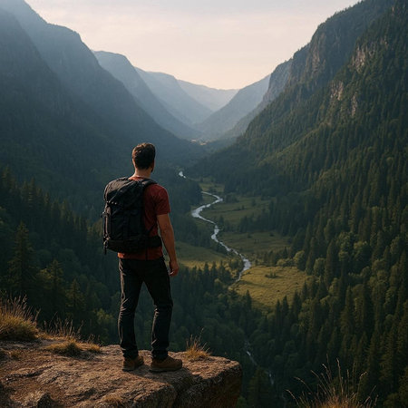 Man standing on the edge of a cliff and looking at the valley