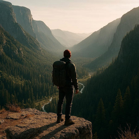 Hiker in Yosemite National Park, California, United States of Americaの写真素材