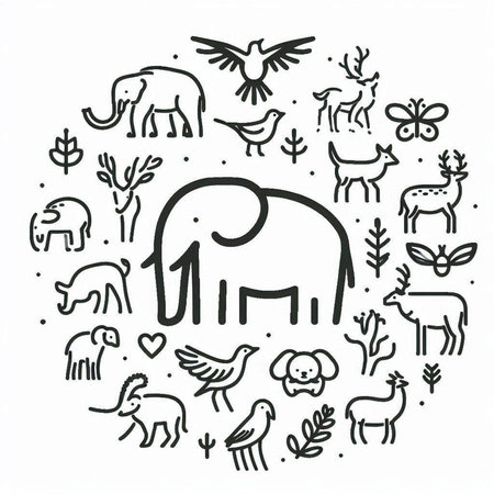 Hand drawn doodle elephant, deer, crocodile, zebra, giraffe, elephant, leopard, bird. Vector illustration.の写真素材