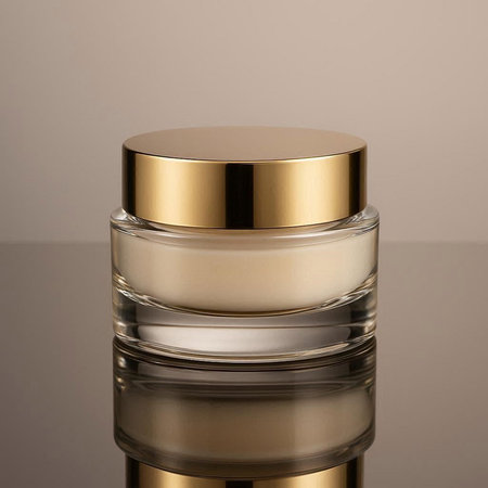 Cosmetic cream bottle on a reflective surface with a golden cap.の写真素材