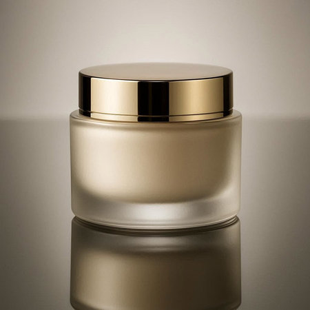 Cosmetic cream jar on a reflective surface with a gold cap.の写真素材