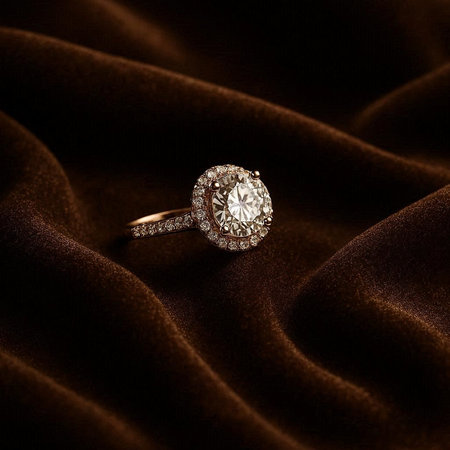 Jewelry diamond ring on a background of brown satin fabric