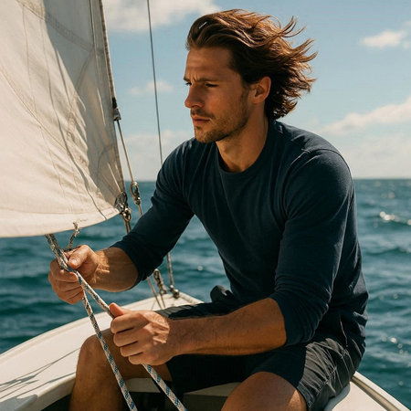 Handsome young man sailing on sailboat in the sea.