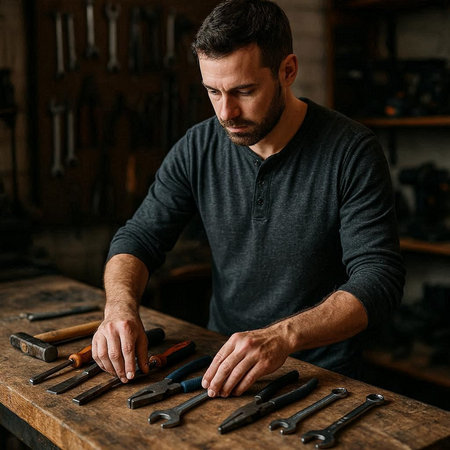 Handsome carpenter in his workshop working on his workbench