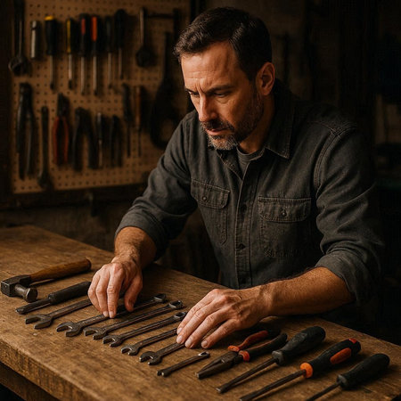 Portrait of a handsome mature carpenter working with tools in his workshopの写真素材