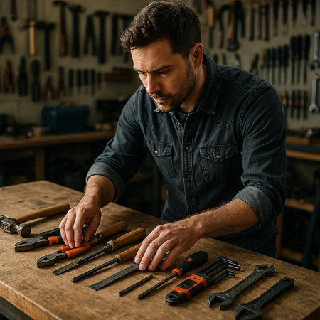 handsome carpenter working with tools on wooden workbench in workshop