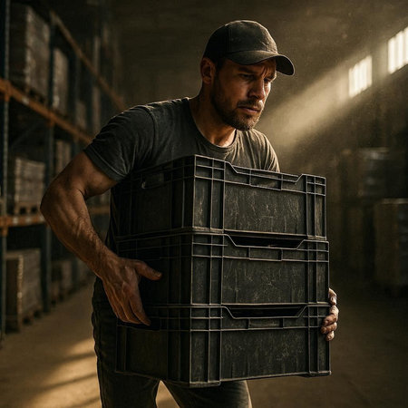 Portrait of a male warehouse worker carrying boxes in a warehouse.の写真素材