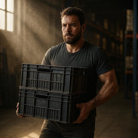 Portrait of a handsome man holding a box in a warehouse.の写真素材