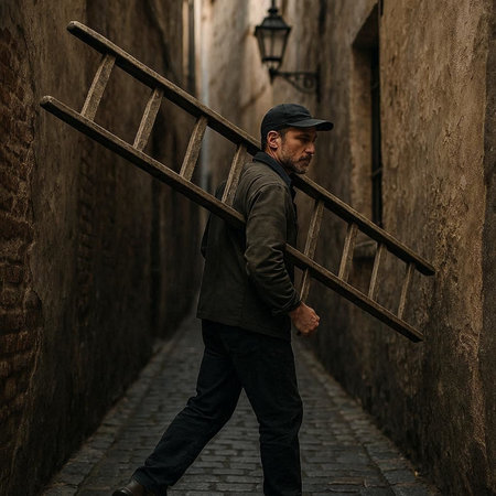 Handsome bearded man in a cap with a wooden ladder in the old city.の写真素材