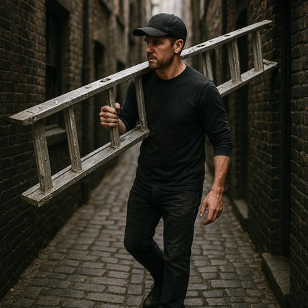 Portrait of a stylish young man in a black T-shirt and baseball cap with an iron ladder in the city.