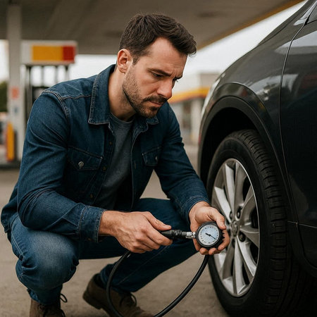 Handsome Caucasian man checking the pressure of his car at the gas station.
