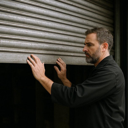 Handsome middle-aged man in a black T-shirt and a black jacket peeks out of a roller shutter.