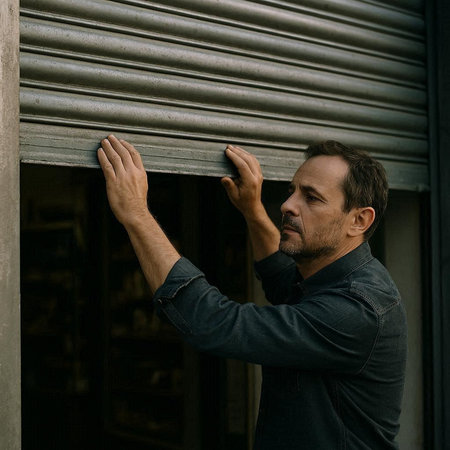 Handsome mature man leaning on a wall and looking away.