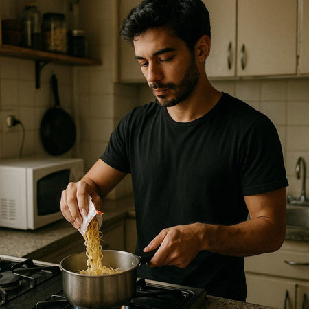 Young man in black t-shirt cooking noodles in the kitchen at home.の写真素材