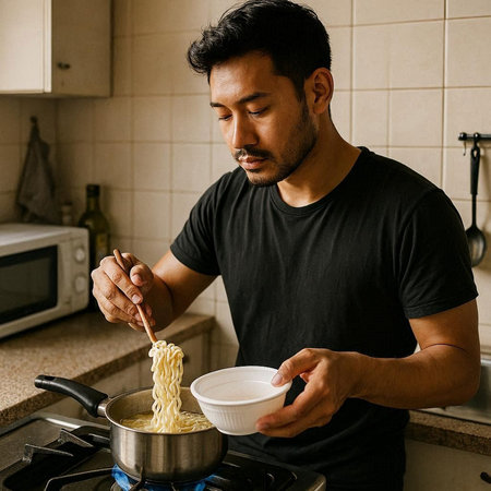 Asian man cooking instant noodle in the kitchen at home. Healthy eating concept.