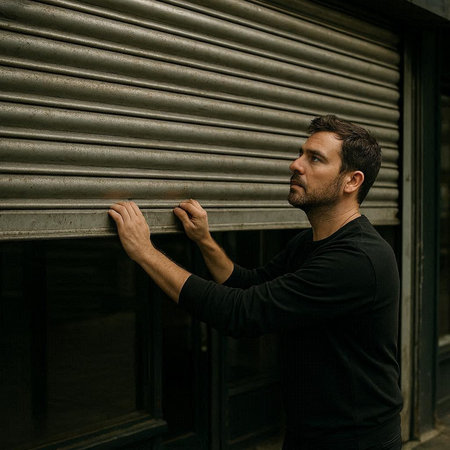 Portrait of a handsome young man in a black T-shirt, leaning against a metal door.