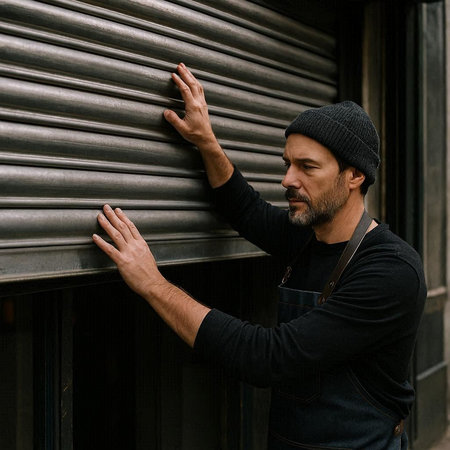 Handsome bearded hipster man in a black T-shirt and hat leaning on a gray roller shutter.