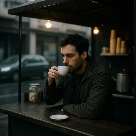 Handsome young man drinking coffee in a cafe. Man with a cup of coffee.の写真素材