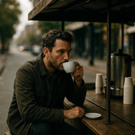Handsome man drinking coffee on the street in the city.の写真素材