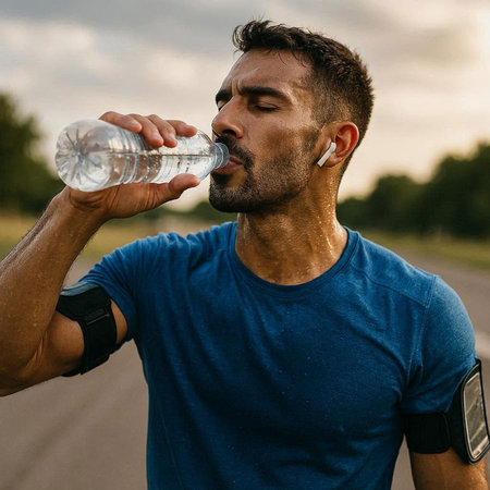 Athletic man drinking water from a bottle after jogging