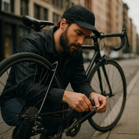Handsome young man in a black jacket and baseball cap with a bicycle.の写真素材