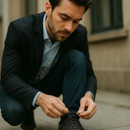 Handsome young man in a suit sitting on the street and tying his shoelacesの写真素材