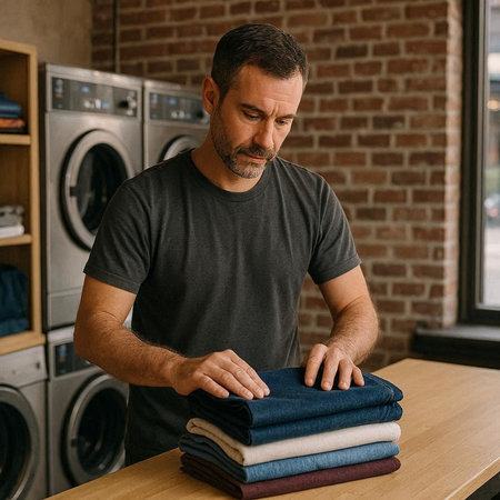 Handsome mature man looking at stack of clean laundry in laundry room