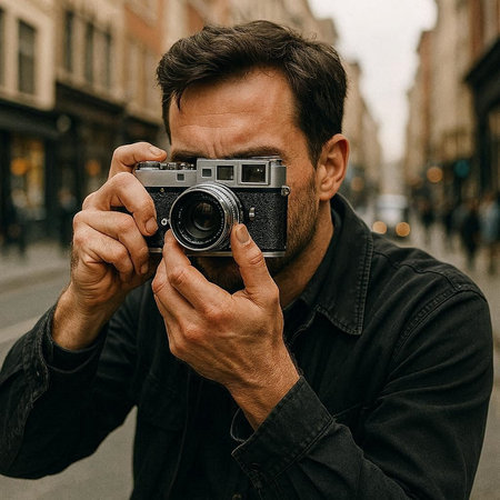 Handsome man taking photos with vintage camera in the city.