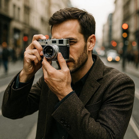 Handsome bearded man taking photos with old camera in the cityの写真素材