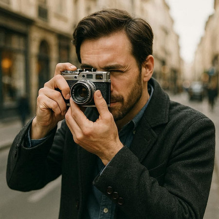 Handsome man taking picture with vintage camera in the city.